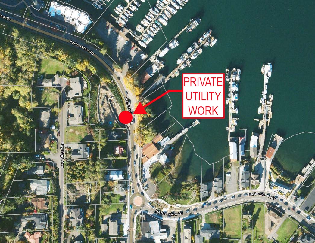 3824 Harborview Dr Utility Work Location Map with red dot at address labeled 